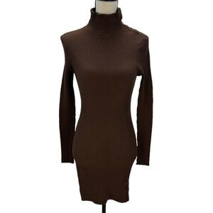 The Range Long Sleeve Turtle Neck Waffle Knit Bodycon Mini Dress - Brown - Med